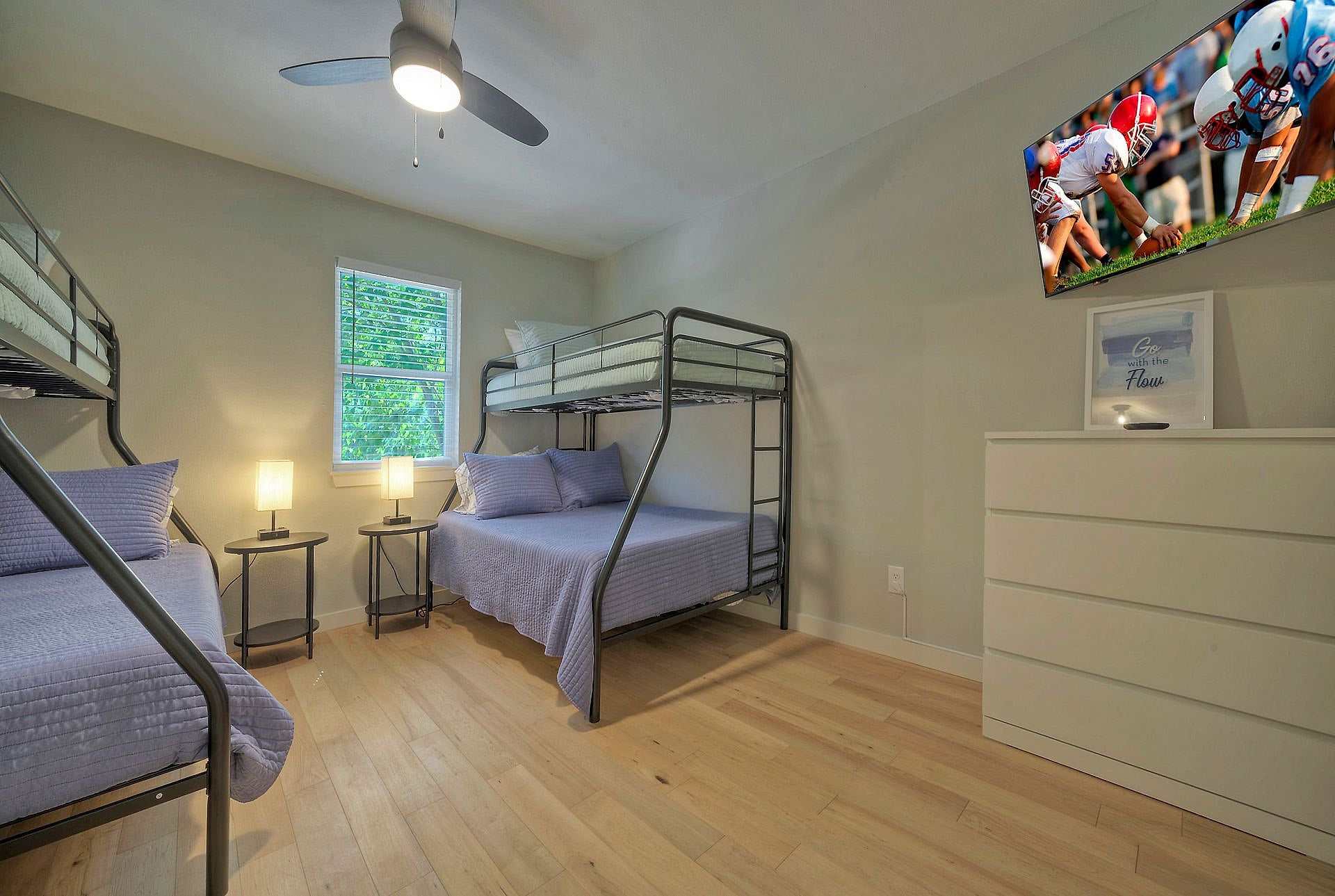 Bunk room with twin-over-full bunk beds, ideal for kids, at River Bend Bliss