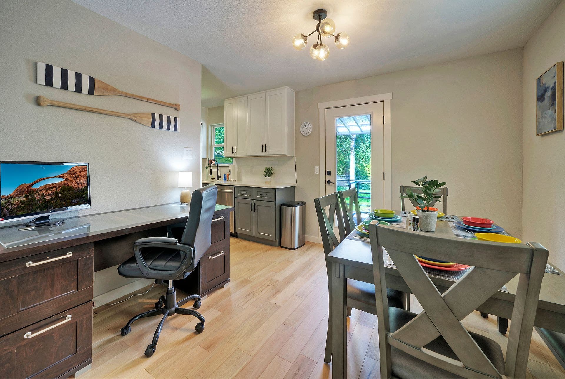 Desk workspace with office chair inside the River Bend Bliss rental house